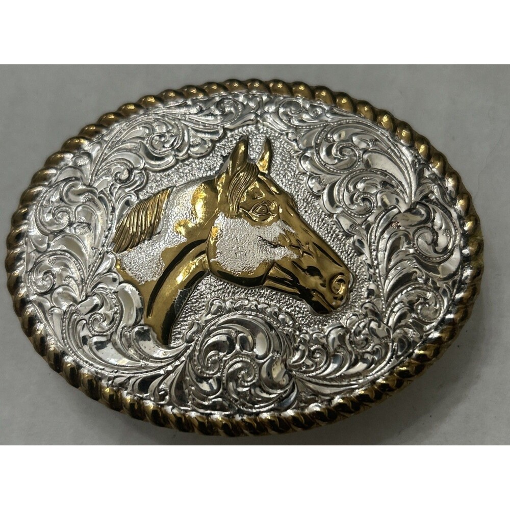 Crumrine Horse Cowboy Cowgirl Western Filigree Belt Buckle Heavy Silver Plated